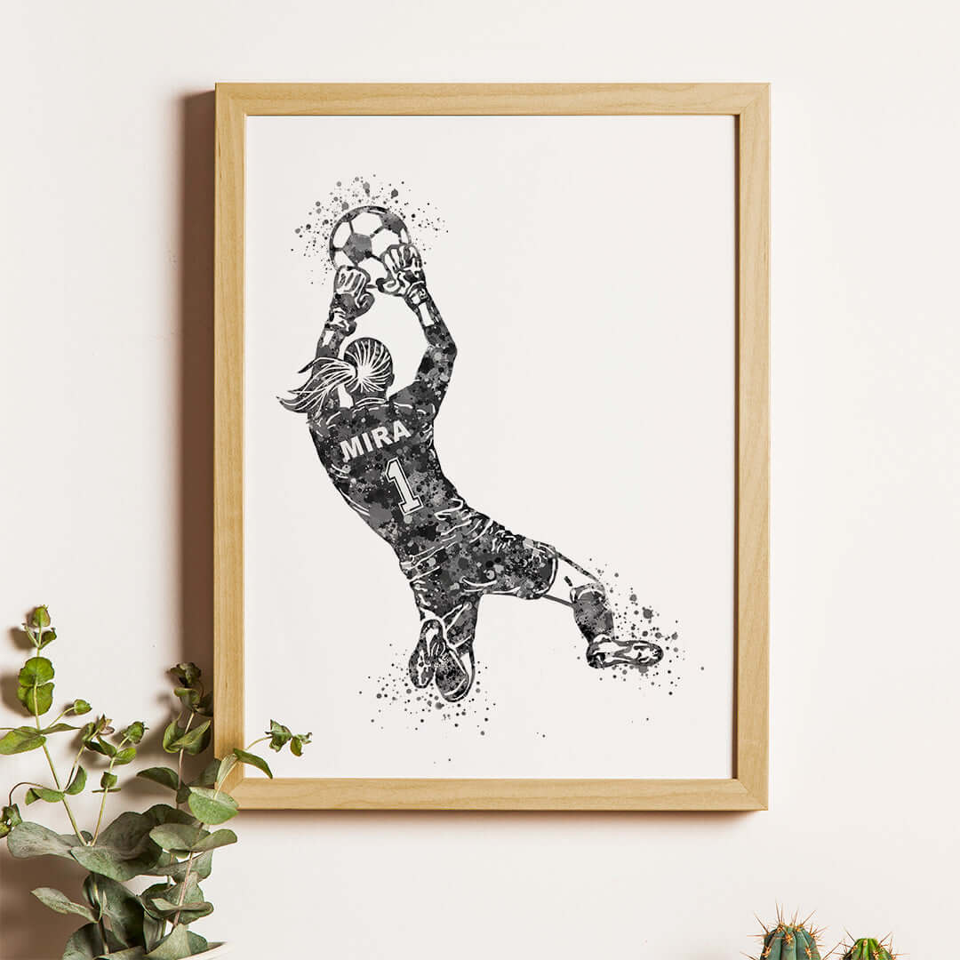 Inspirational black football goal keeper girl wall art wooden frame