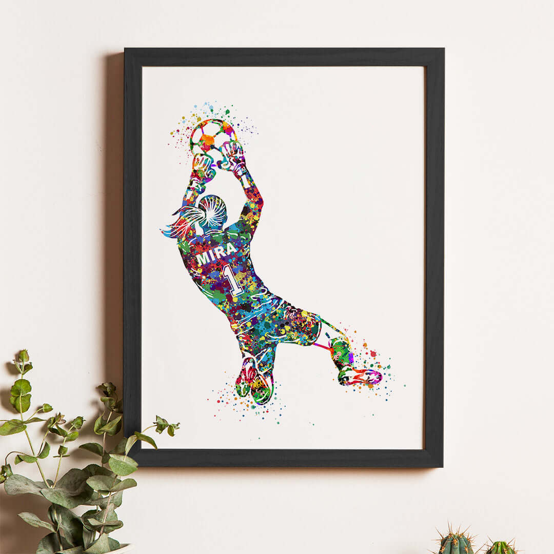 Inspirational Multicolor football goal keeper girl wall art black frame