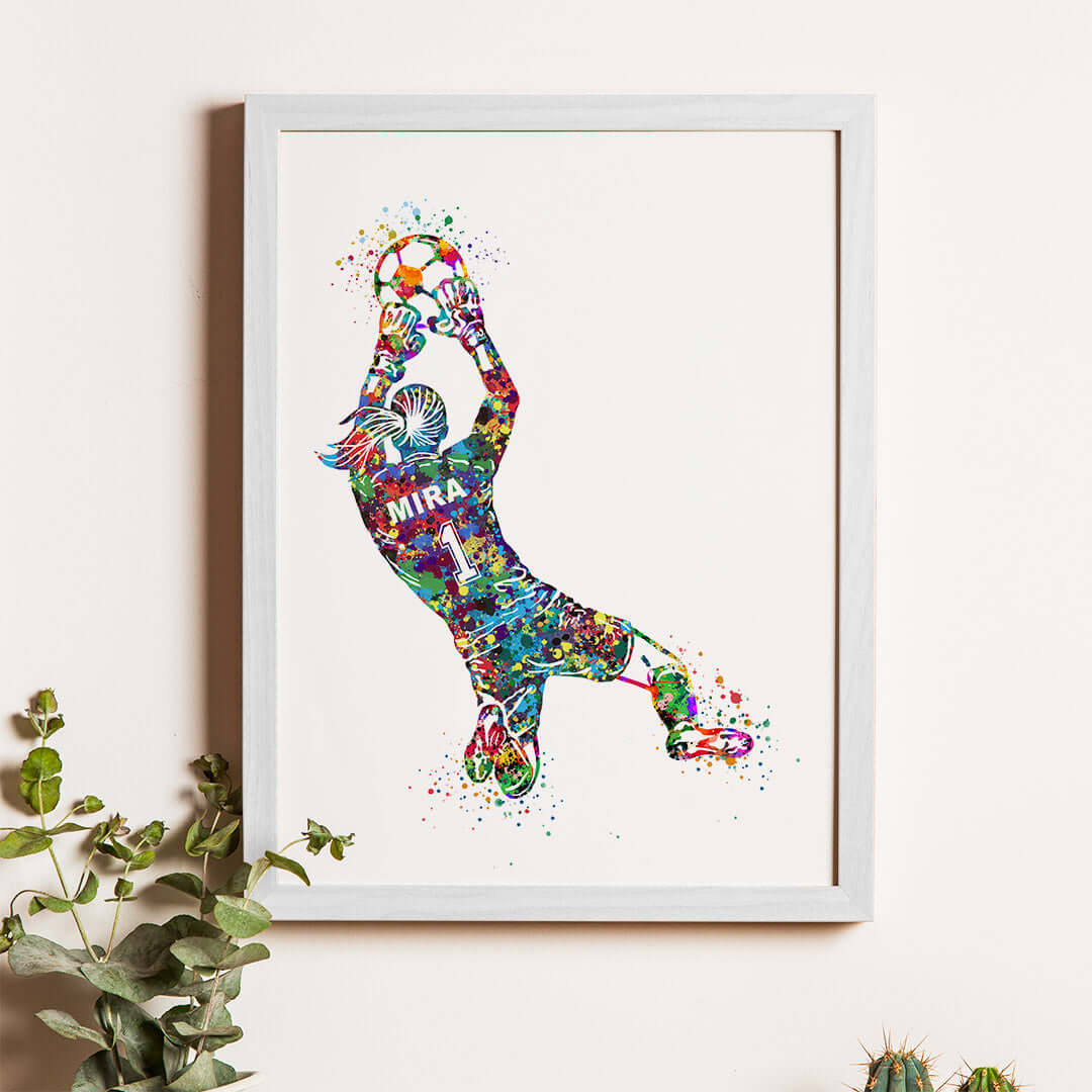 Inspirational Multicolor football goal keeper girl wall art white frame