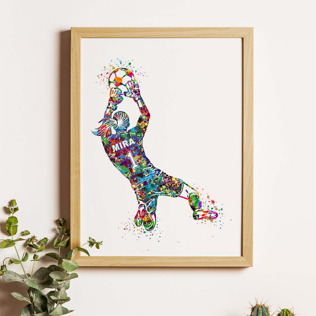 Inspirational Multicolor football goal keeper girl wall art wooden frame