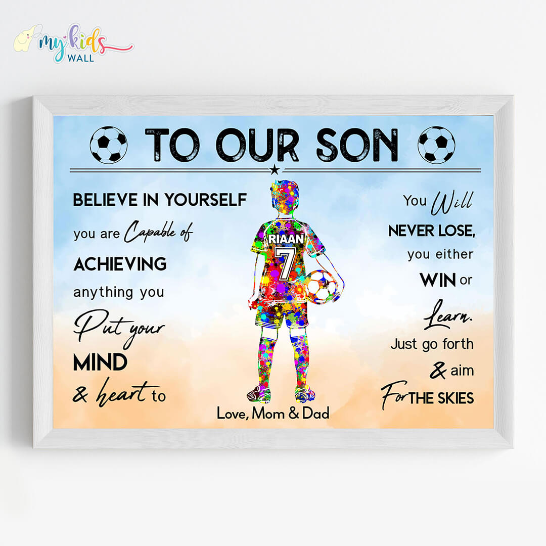 Motivational football player boy multicolor wall art white frame