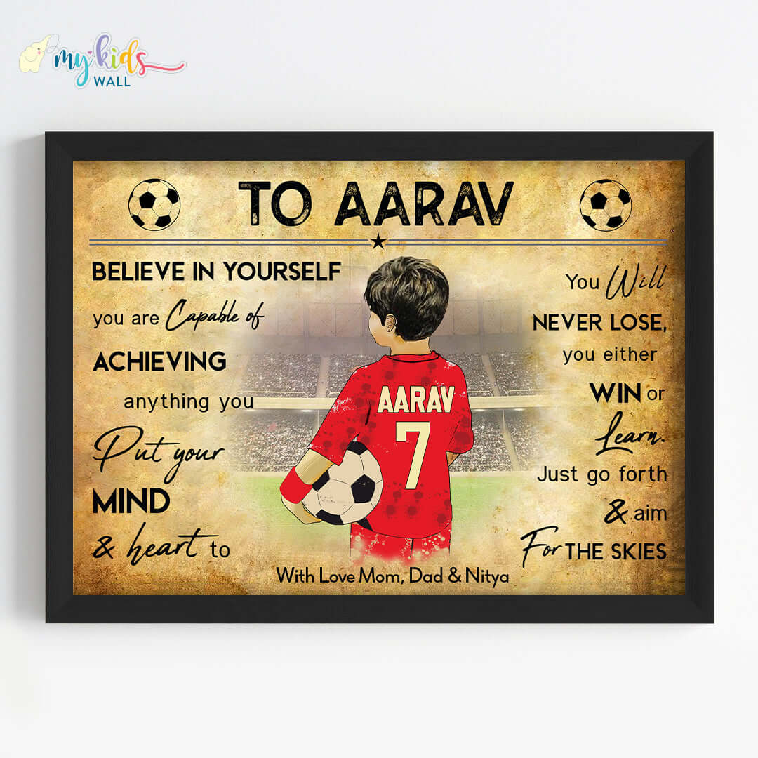 Motivational football player boy wall art black frame