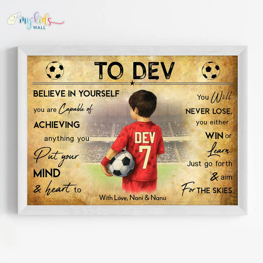 Red Motivational football player boy wall art white frame