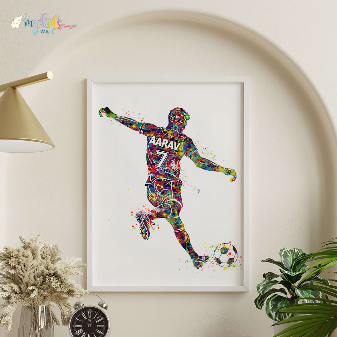 Football Player Free Kick Personalized Wall Art (Framed) 11x15 inch White Hang with regular hooks