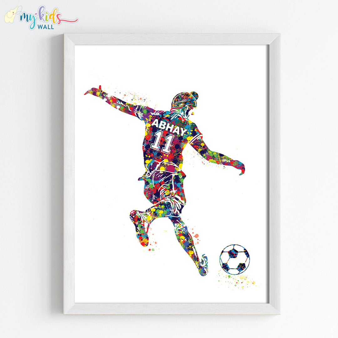 Football player free kick Sikh boy wall art white frame