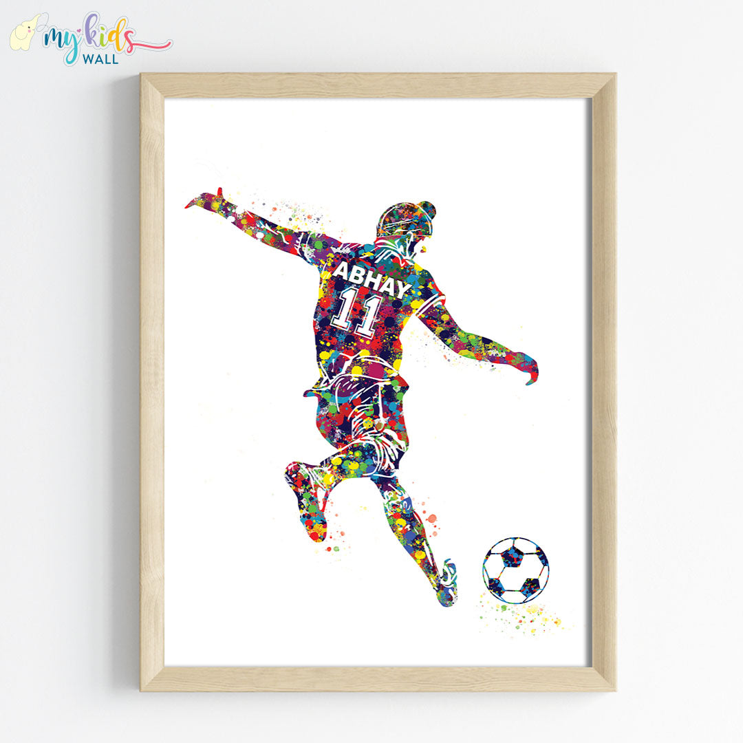 Football player free kick Sikh boy wall art wooden frame