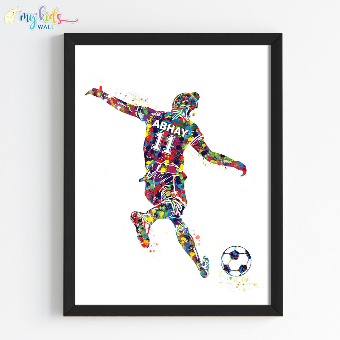 Football player free kick Sikh boy wall art black frame