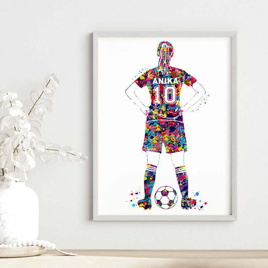 Inspirational multicolor football player girl wall art white frame