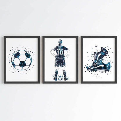 Inspirational blue football player girl set of 3 wall art black frame