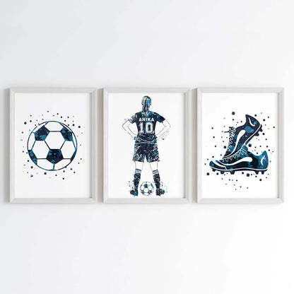 Inspirational blue football player girl set of 3 wall art white frame