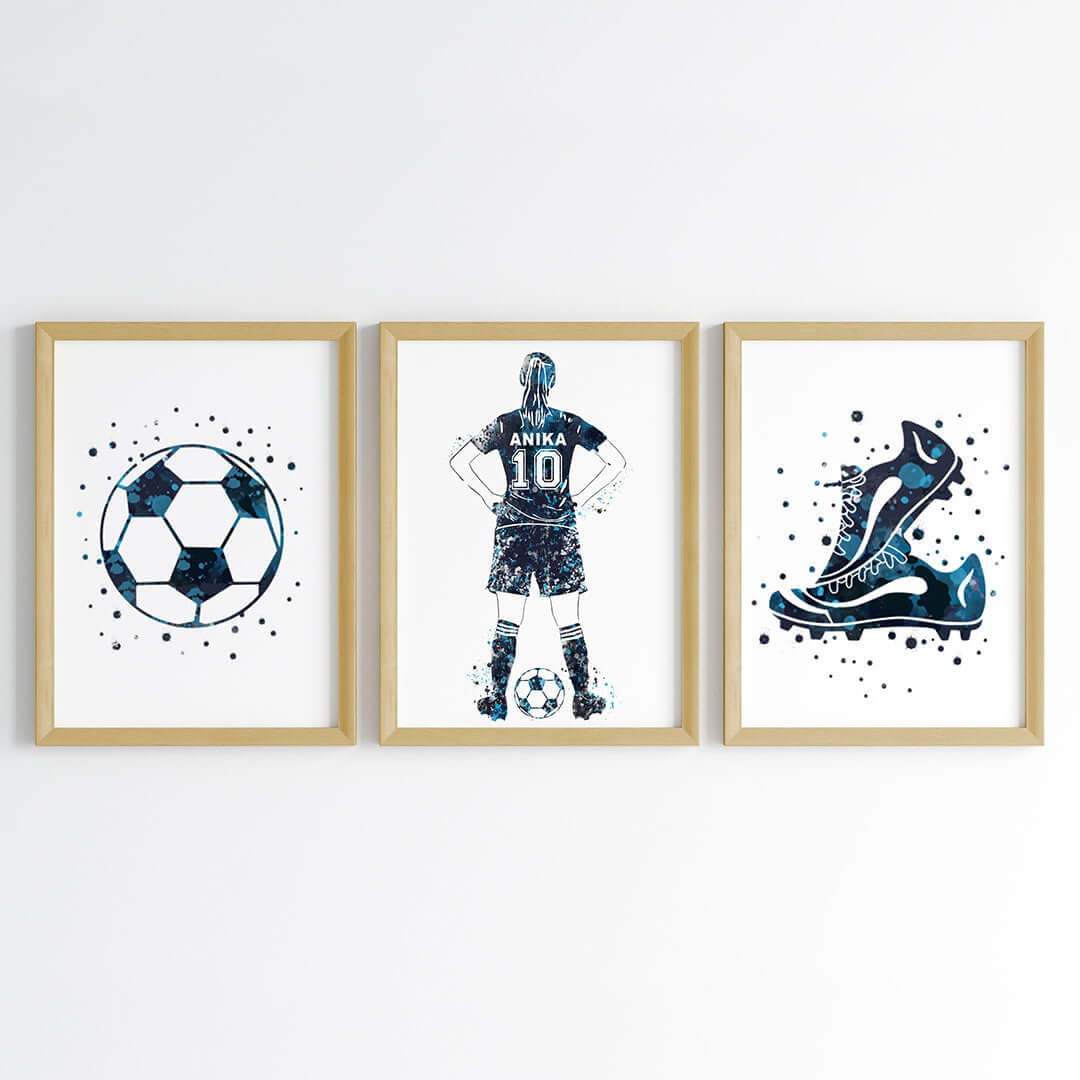 Inspirational blue football player girl set of 3 wall art wooden frame