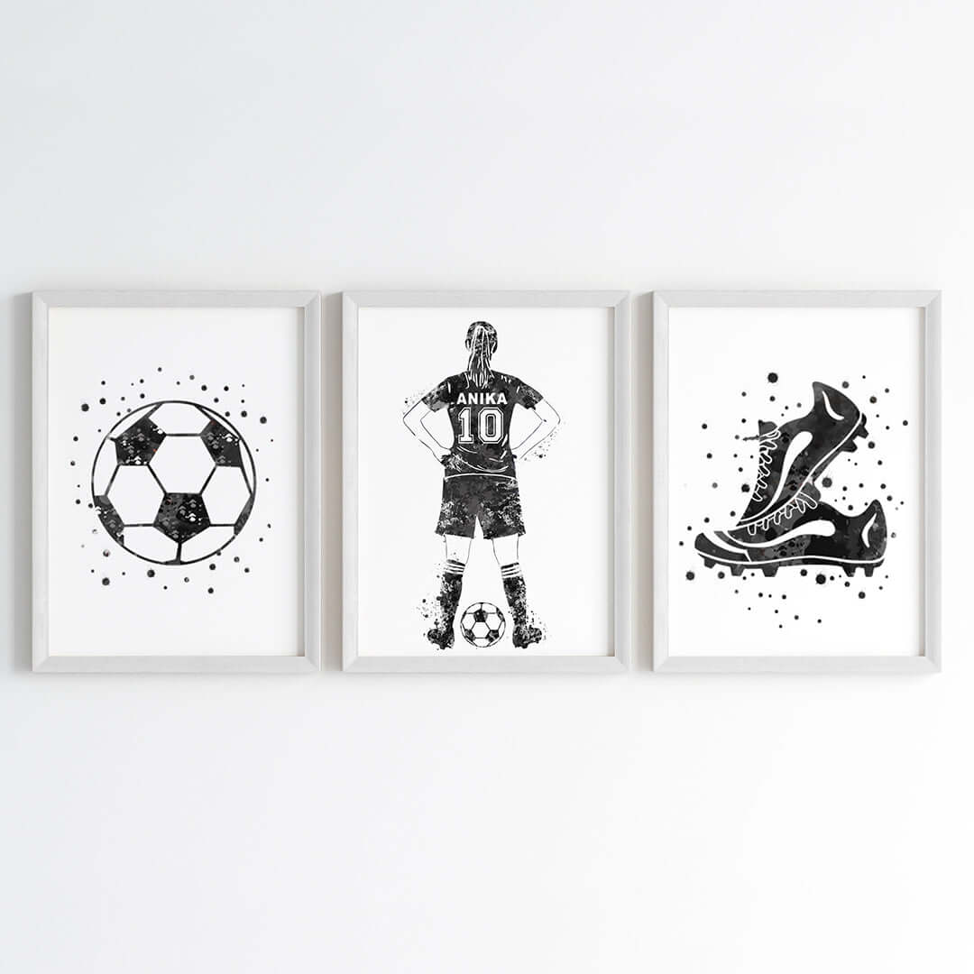 Inspirational black football player girl set of 3 wall art white frame