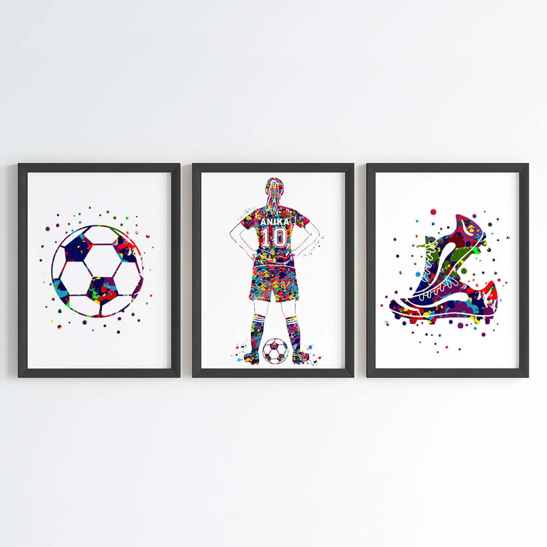 Inspirational football player girl set of 3 wall art black frame