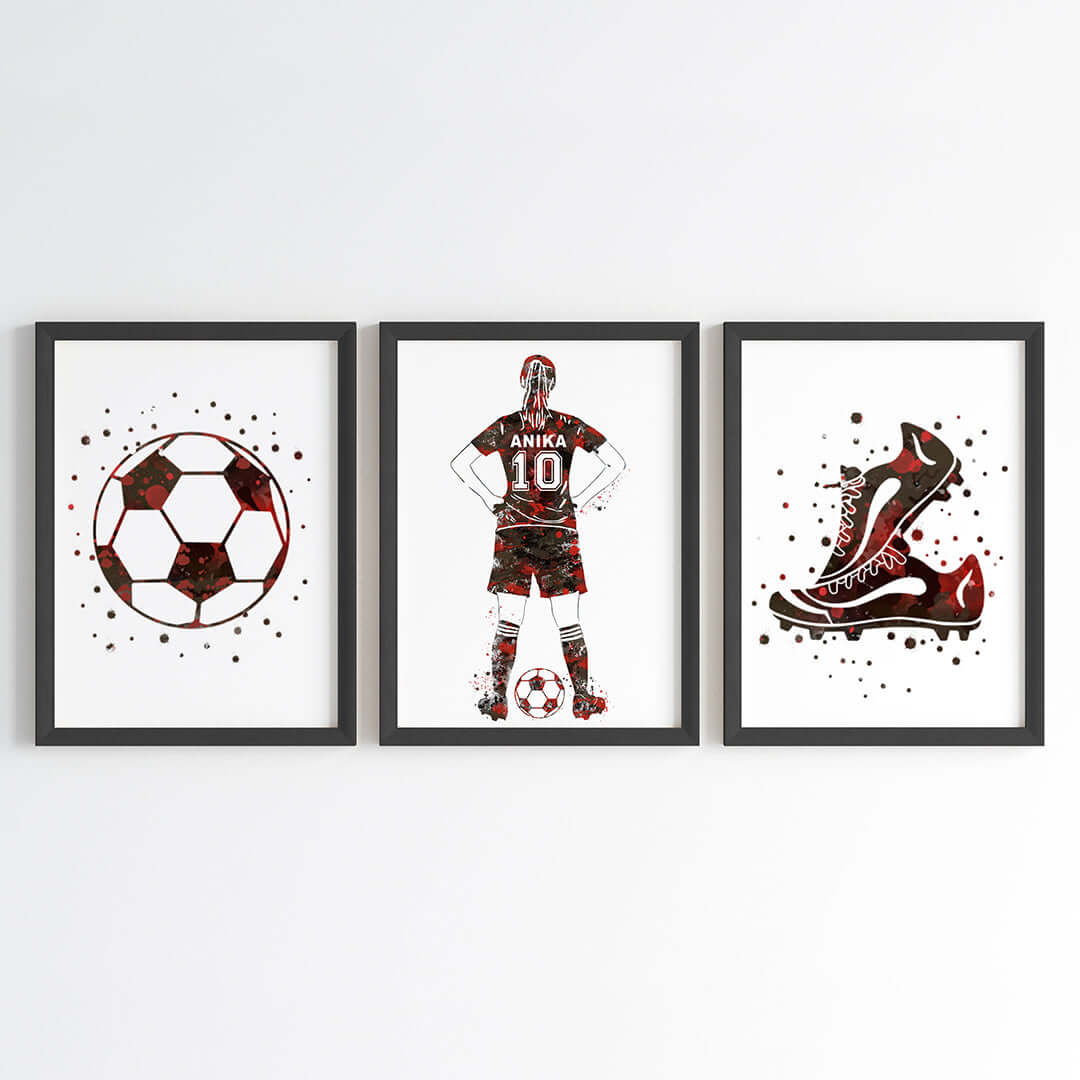 Inspirational red football player girl set of 3 wall art black frame