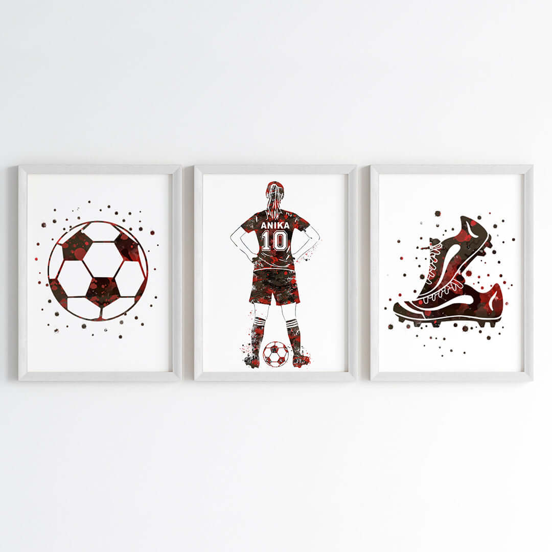 Inspirational red football player girl set of 3 wall art white frame