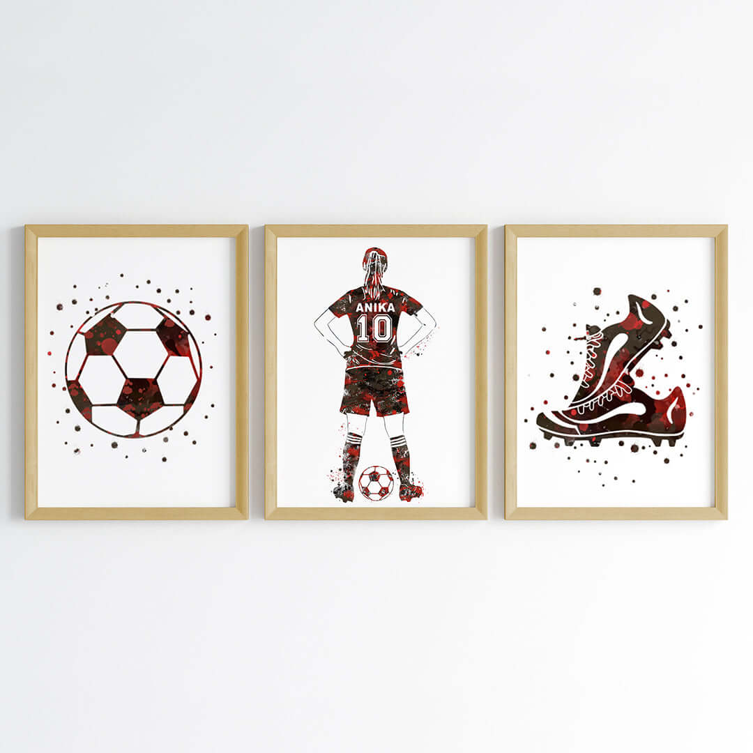 Inspirational red football player girl set of 3 wall art wooden frame