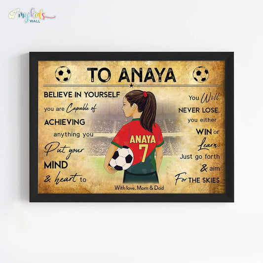 Football Player Girl Personalized Motivational Wall Art Black Frame