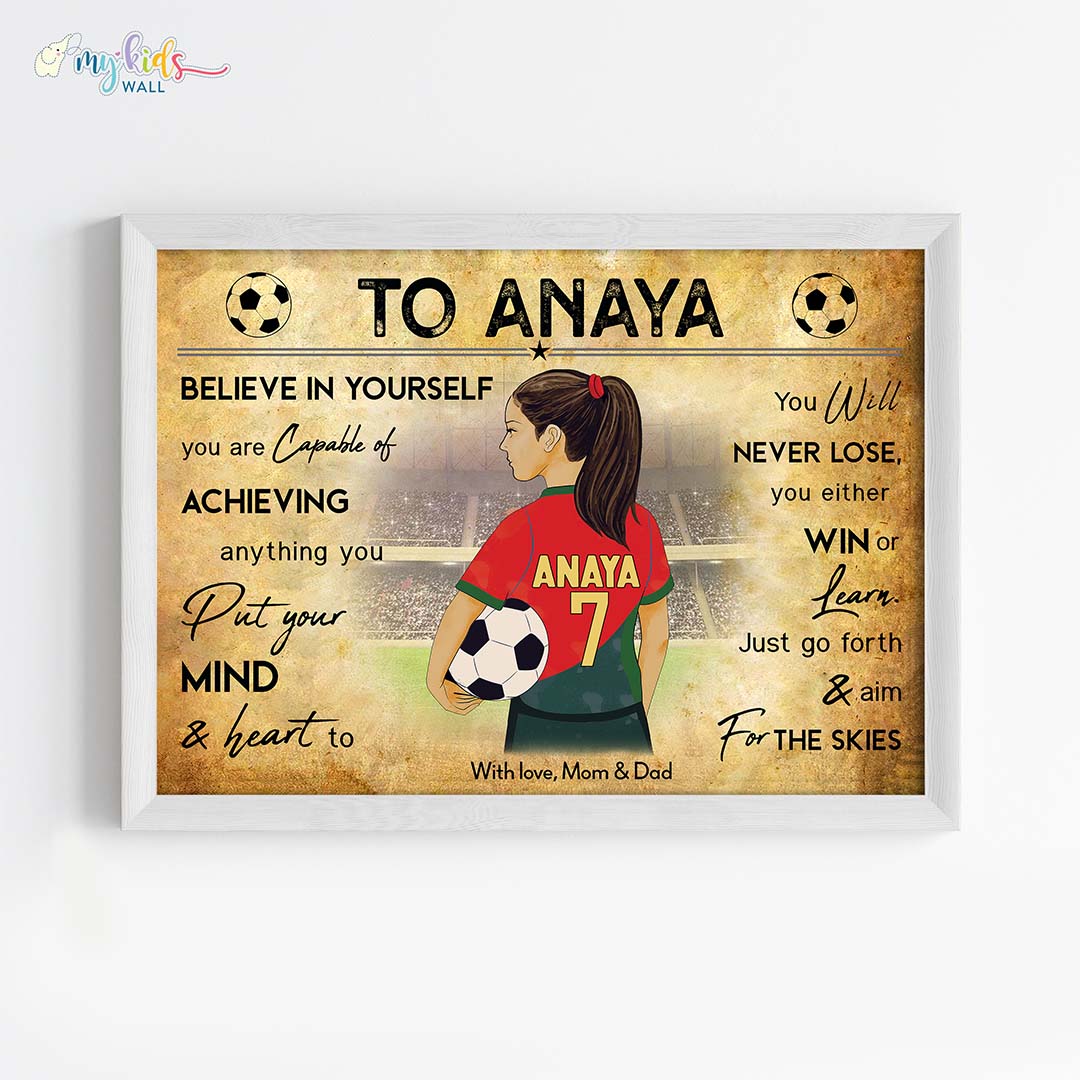 Football Player Girl Personalized Motivational Wall Art White Frame