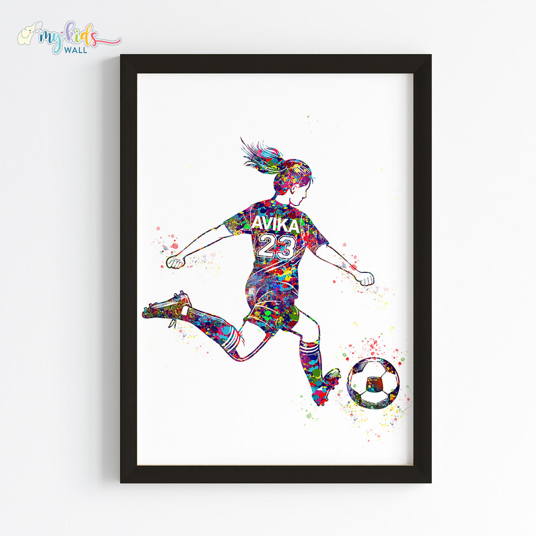 Football Player Kick Girl Personalized Wall Art Framed Black