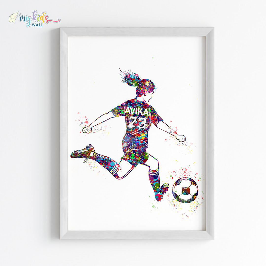 Football Player Kick Girl Personalized Wall Art Framed White