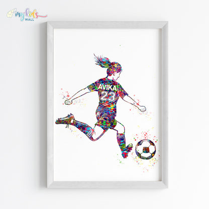 Football Player Kick Girl Personalized Wall Art Framed White