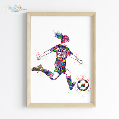 Football Player Kick Girl Personalized Wall Art Framed Wooden