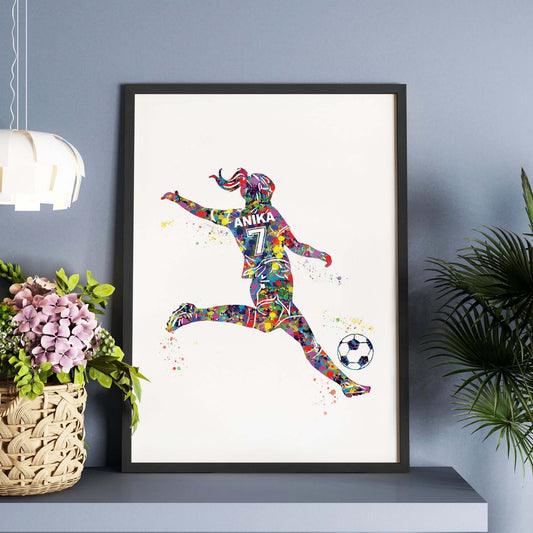 Inspirational football player kick girl wall art black frame