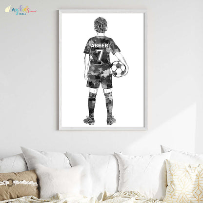 Football Player Kid Personalised Wall Art Big Frame Black White