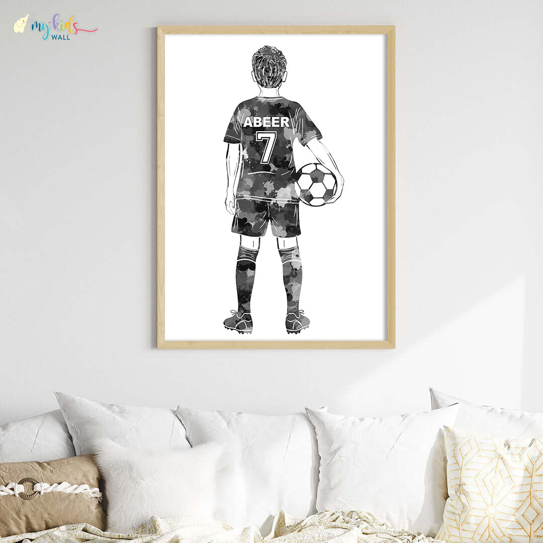 Football Player Kid Personalised Wall Art Big Frame Black Wooden