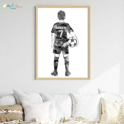 Football Player Kid Personalised Wall Art Big Frame Black Wooden