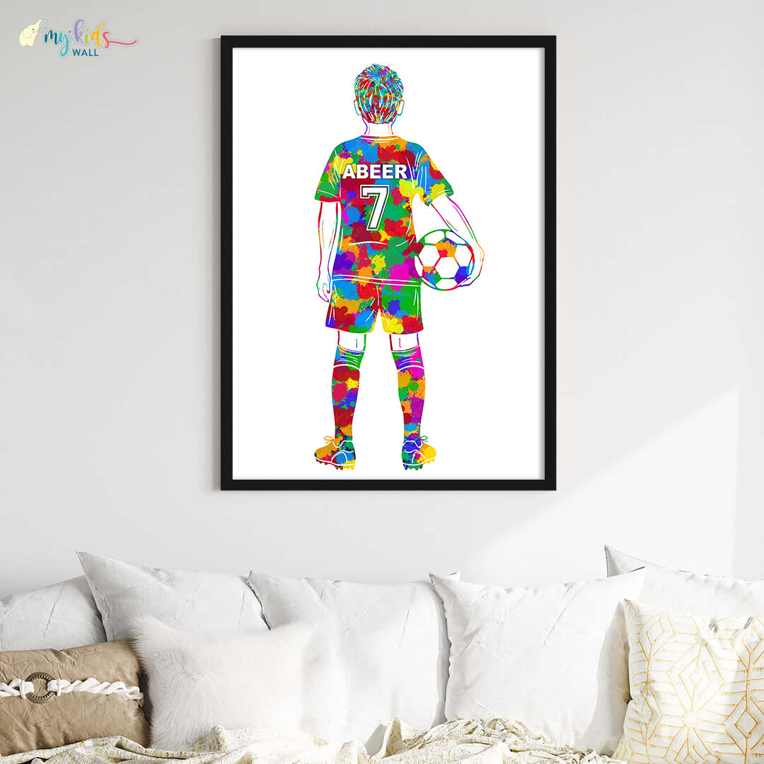 Football Player Kid Personalised Wall Art Big Frame Black