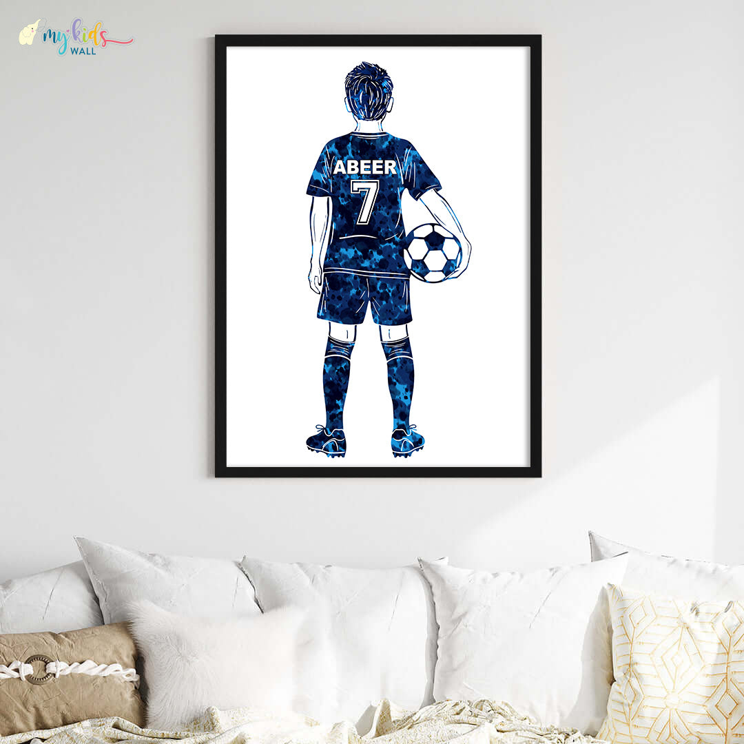 Football Player Kid Personalised Wall Art Big Frame blue black
