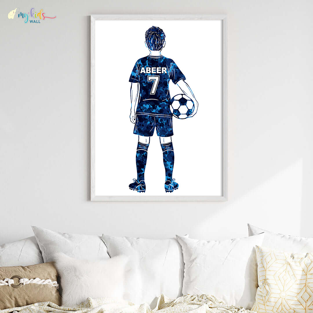 Football Player Kid Personalised Wall Art Big Frame blue wooden