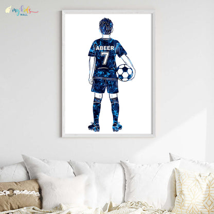 Football Player Kid Personalised Wall Art Big Frame blue wooden