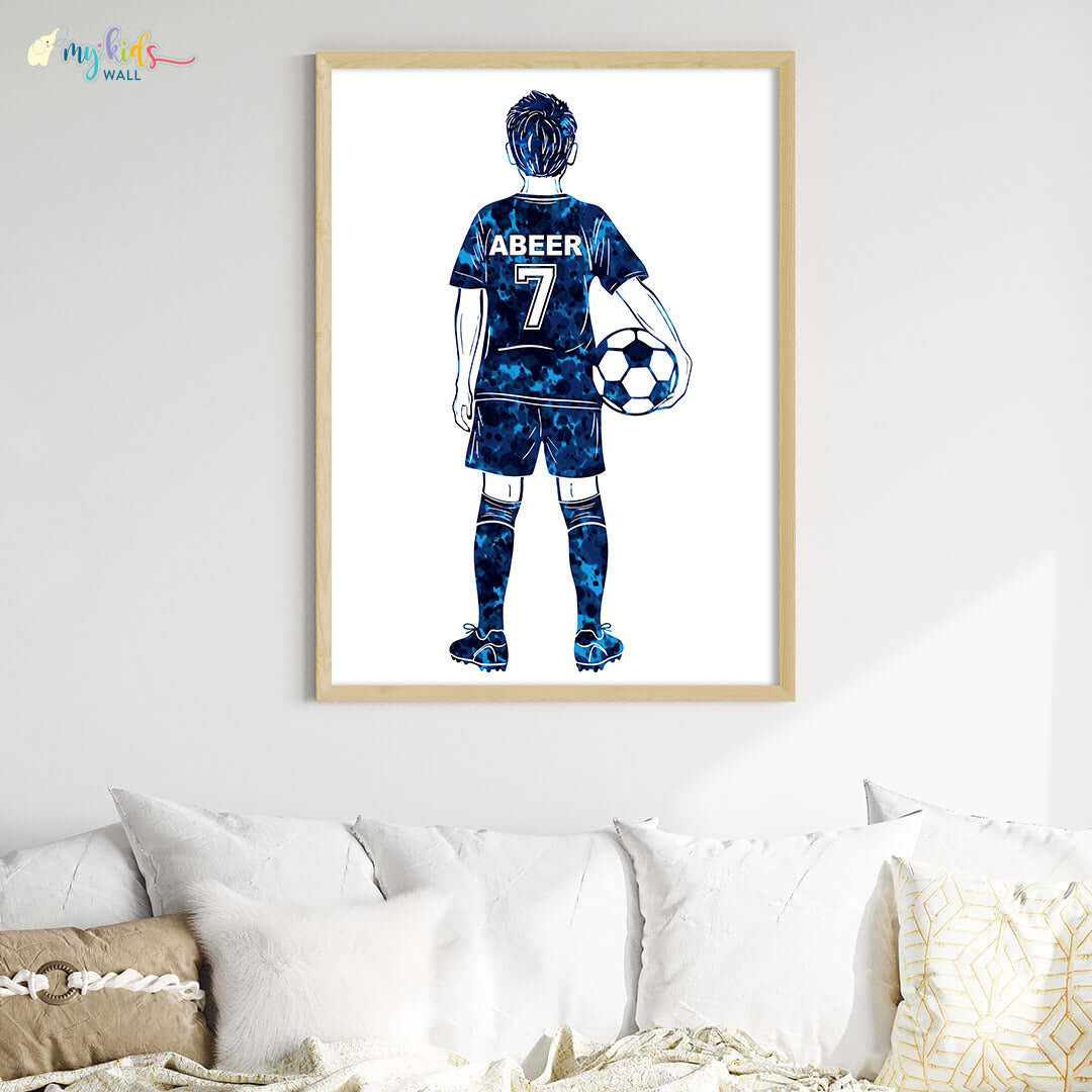 Football Player Kid Personalised Wall Art Big Frame blue wooden