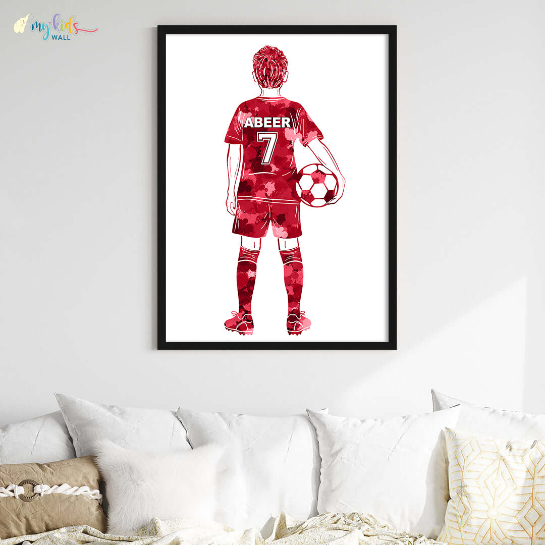 Football Player Kid Personalised Wall Art Big Frame red black
