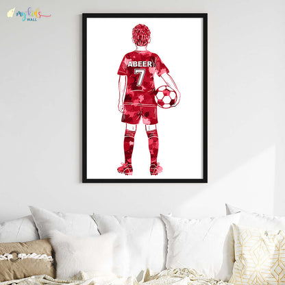 Football Player Kid Personalised Wall Art Big Frame red black
