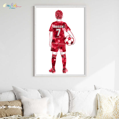 Football Player Kid Personalised Wall Art Big Frame red white