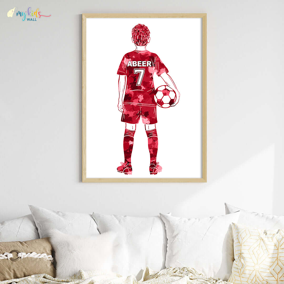 Football Player Kid Personalised Wall Art Big Frame red Wooden