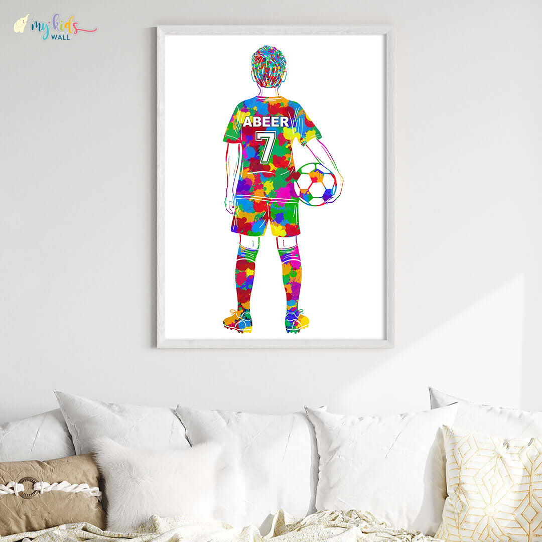 Football Player Kid Personalised Wall Art Big Frame White