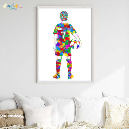 Football Player Kid Personalised Wall Art Big Frame White