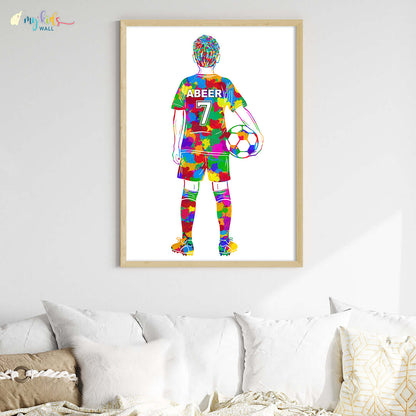 Football Player Kid Personalised Wall Art Big Frame Wooden