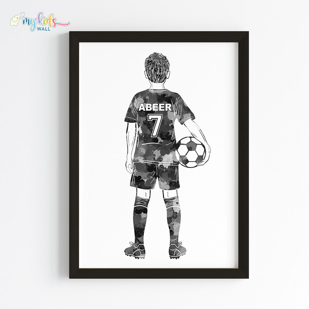 Football Player Kid Personalised Wall Art Framed Blue Black