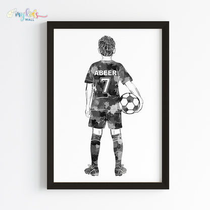 Football Player Kid Personalised Wall Art Framed Blue Black
