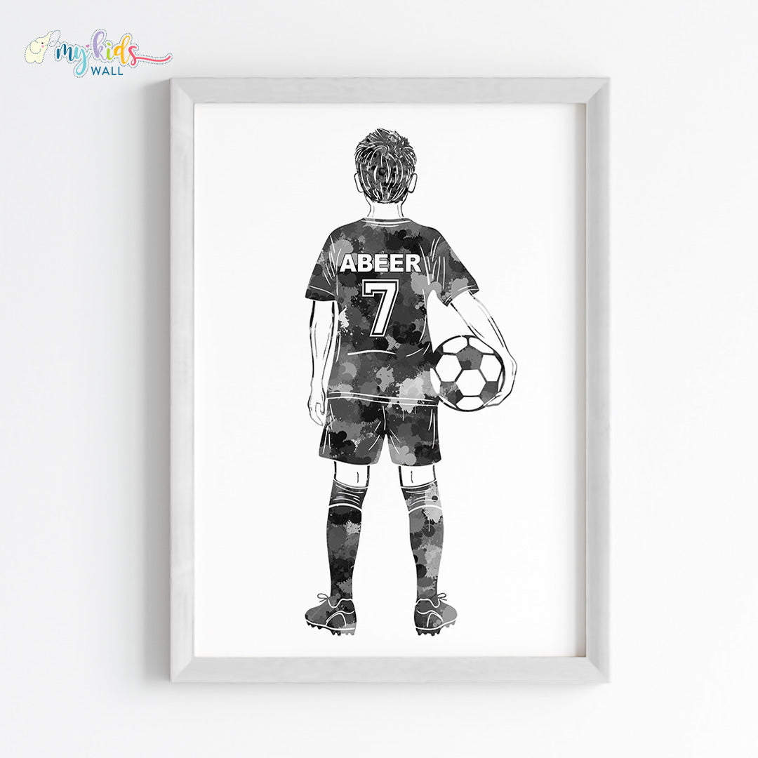 Football Player Kid Personalised Wall Art Framed Blue White