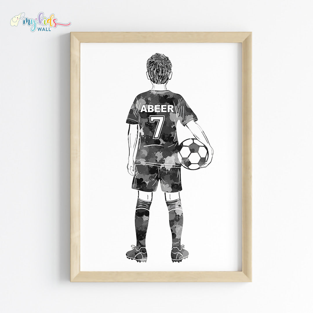 Football Player Kid Personalised Wall Art Framed Blue Wooden