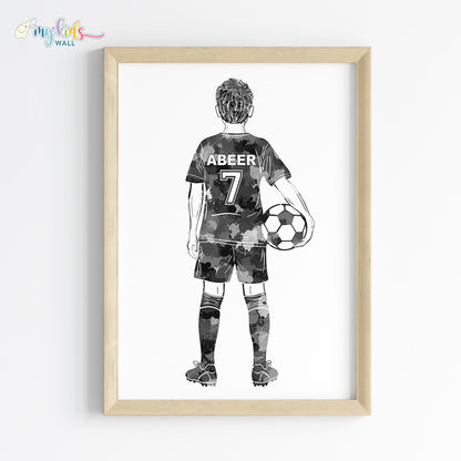 Football Player Kid Personalised Wall Art Framed Blue Wooden