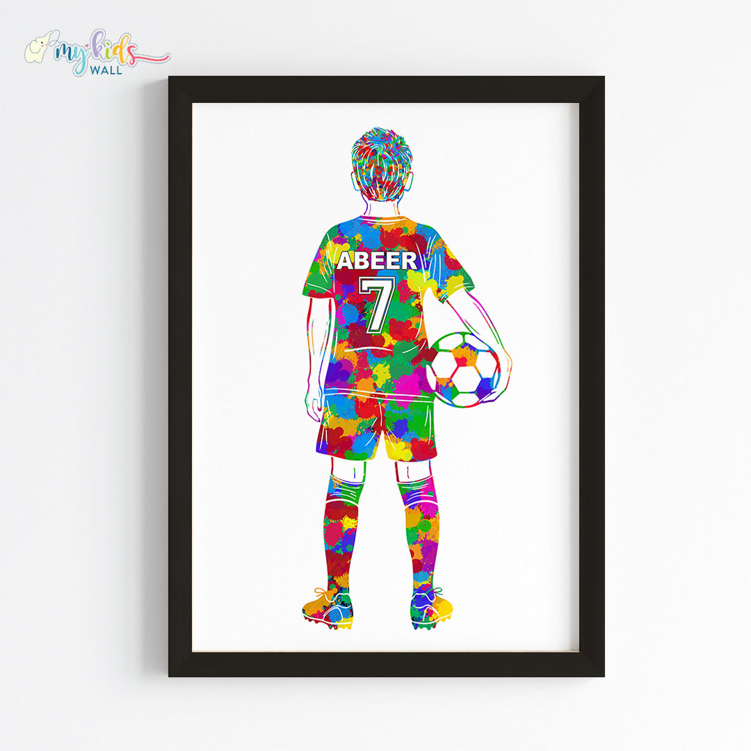 Football Player Kid Personalised Wall Art Framed Multicolor Black