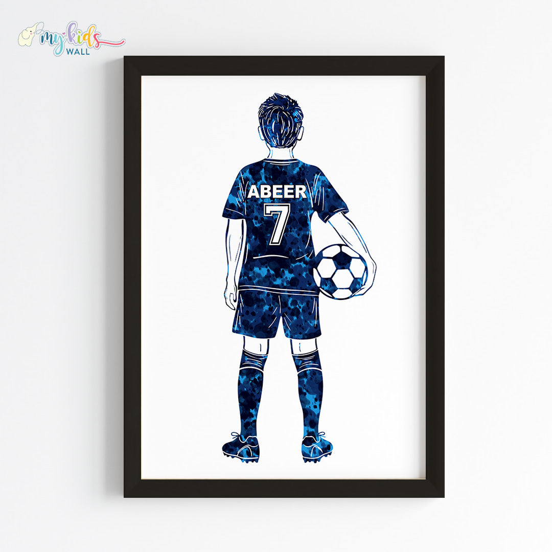 Football Player Kid Personalised Wall Art Framed Blue Black