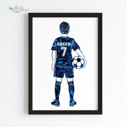 Football Player Kid Personalised Wall Art Framed Blue Black
